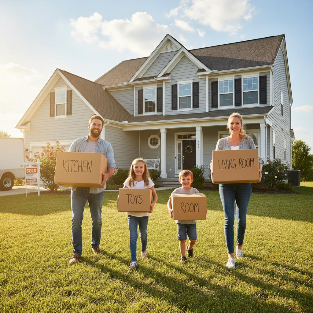 generate an image of an American family moving into their new home